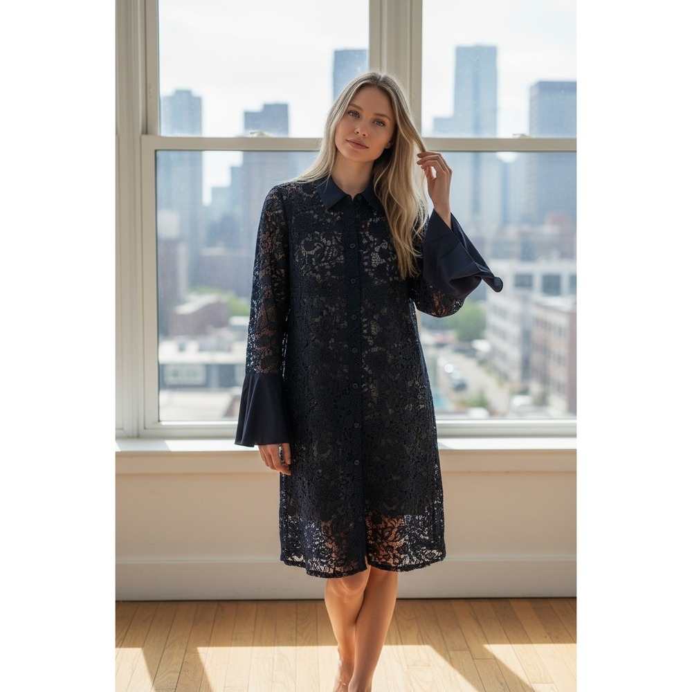 Boston Proper Mixed Media Lace Bell Sleeve Shirt Dress Navy Blue XL NEW